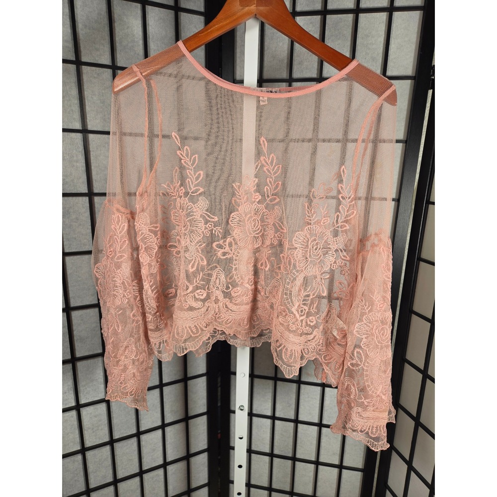 Sequin Hearts Boho Whimsy Pink Mesh Floral Embroidered Bell Sleeve Small